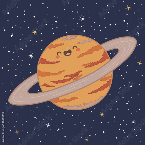 Cute Planet Saturn Solar System with funny smiling face cartoon vector illustration