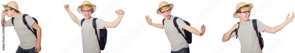 Young boy in cork helmet with backpack Young boy in cork helmet with backpack