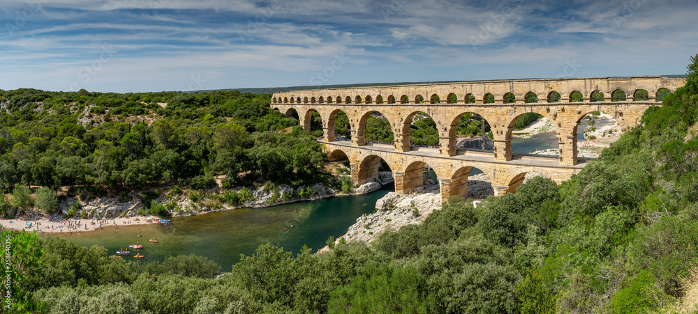Panoramic view of the magnificent three tiered Pont Du Gard aqueduct was constructed by Roman engineers in the 1st century AD in the south of France