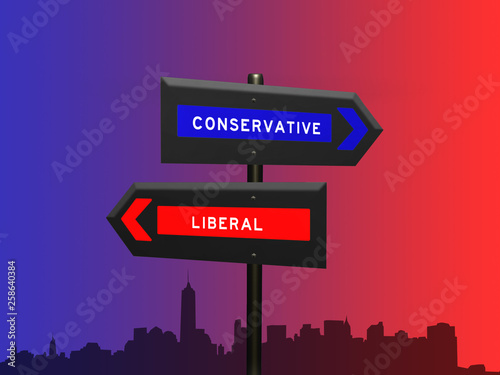 Conservative liberal 3d sign concept on a signpost against a red blue color gradient