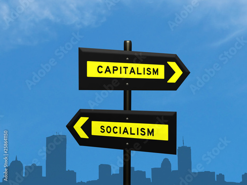 Capitalism Socialism 3d sign concept on a signpost against a cityscape silhouette background