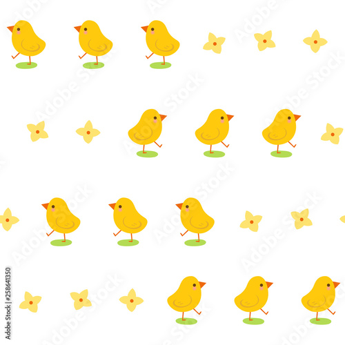 Little chicks and forsythia flowers. Seamless pattern