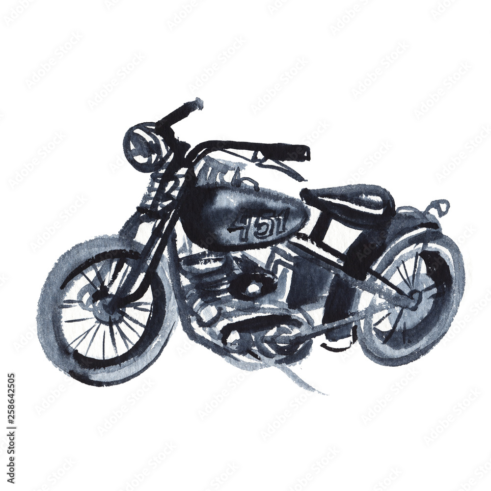 Sketch of old motorcycle in vintage style. Hand drawing watercolor and ink. Isolated on white background
