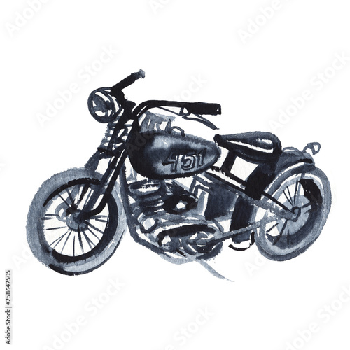 Sketch of old motorcycle in vintage style. Hand drawing watercolor and ink. Isolated on white background