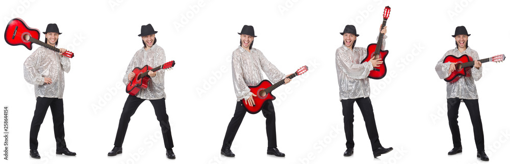 Young man with guitar isolated on white Young man with guitar isolated on white