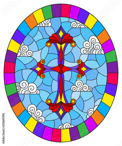 Illustration in stained glass style with bright cross on a background of blue sky and clouds,oval image in bright frame