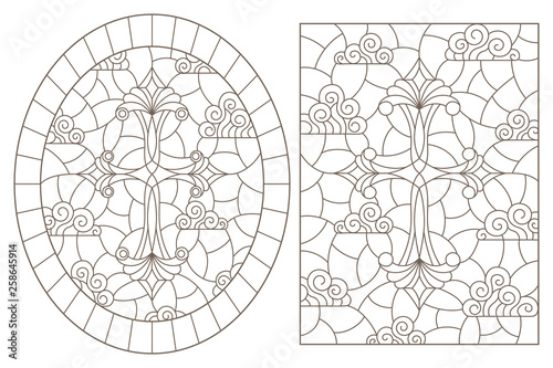 A set of contour illustrations in stained glass style with Christian crosses on a cloudy sky background , dark contours on a white background