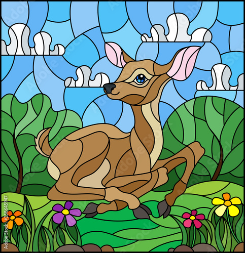 Illustration in stained glass style with a fawn on the background of green meadows, flowers and cloudy sky