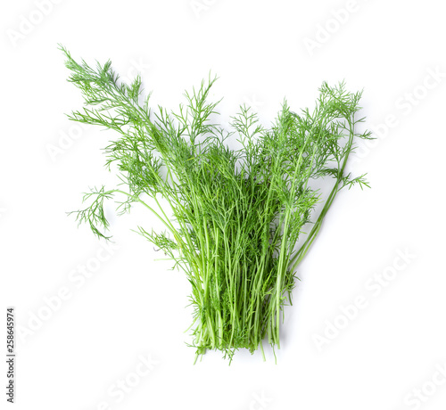 bunch fresh, green dill on a white background . top view