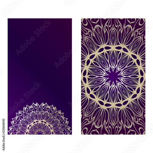 Ethnic Mandala Ornament. Templates With Mandalas. Vector Illustration For Congratulation Or Invitation. The Front And Rear Side. Purple gold color