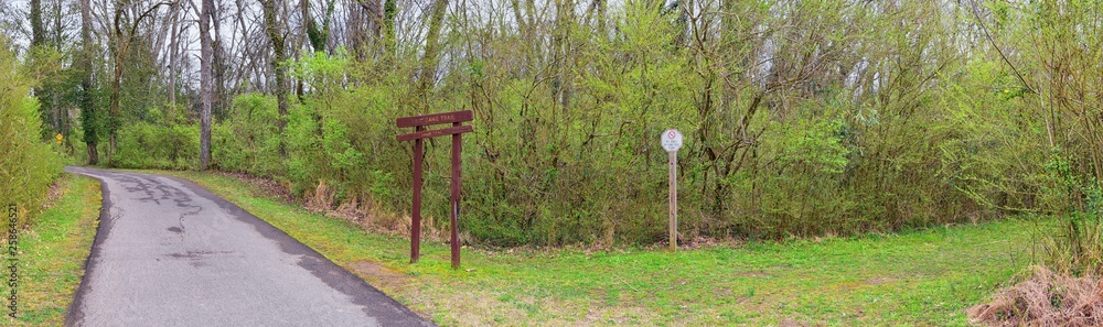 Trail and warning signs along the Shelby Bottoms Greenway and Natural Area Cumberland River frontage trails, Music City Nashville, Tennessee. United States. Trail and warning signs along the Shelby Bottoms Greenway and Natural Area Cumberland River frontage trails, Music City Nashville, Tennessee. United States.