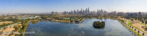 Panoramic view of the beautiful city of Melbourne from Albert Park lake photo