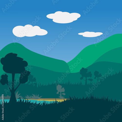 Landscape nature river and forest mountain with blue sky and clouds background Vector Illustration.
