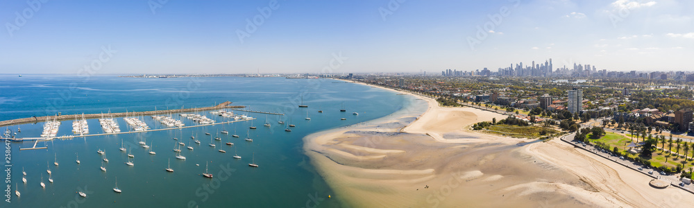 Panoramic view of St Kilda Marina with the city of Melbourne Australia in the background