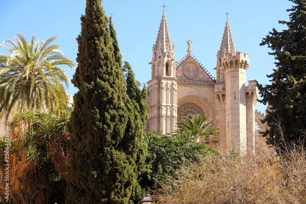 Palma Mallorca cathedral Santa Maria La Seu front view rose window Palma Mallorca cathedral Santa Maria La Seu front view rose window