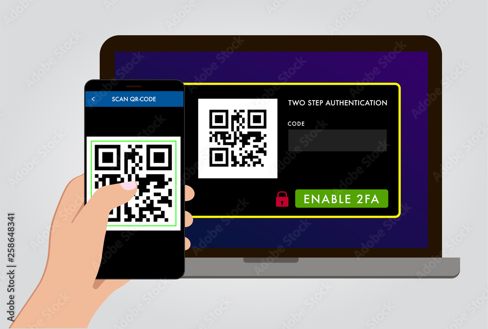 Enable 2FA Two steps authentication and verification flat vector concept illustration on website with qr-code. Authorization on pc by mobile smartphone for computer safety login or sign in.