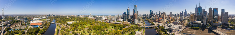 Panoramic view of the beautiful city of Melbourne as captured from above the Yarra river on a summer day