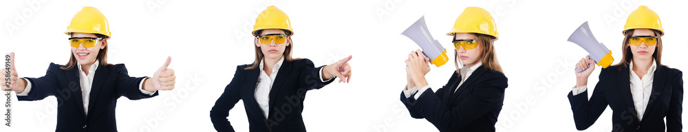 Female builder with megaphone isolated on white Female builder with megaphone isolated on white