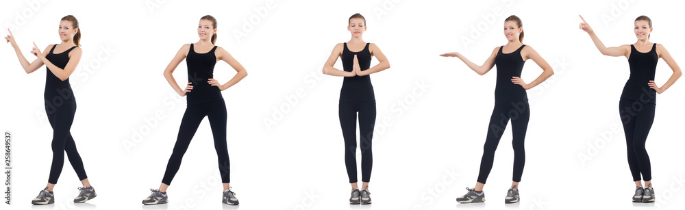 Young woman doing exercises isolated on white Young woman doing exercises isolated on white