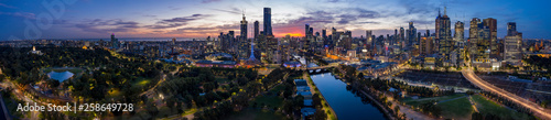 Panoramic view of the beautiful city of Melbourne as captured from above the Yarra river at sunset