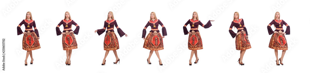 Woman in dress with oriental prints isolated on white Woman in dress with oriental prints isolated on white