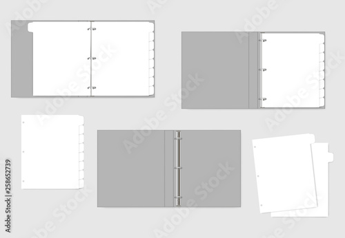 3 ring binder and hole punched white paper sheets with tab dividers, realistic mockup. Refillable notebook, vector template