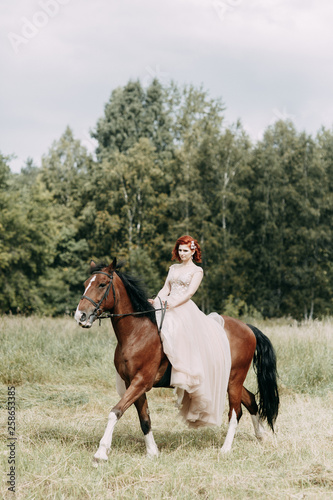 The bride on a horse in the field. Beautiful wedding and photo shoot with a horse. © pavelvozmischev