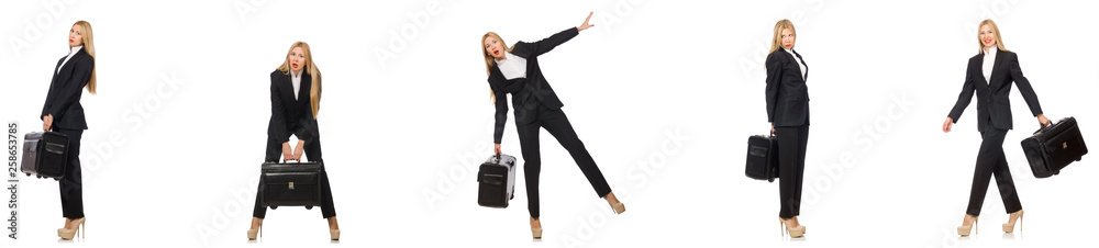 Businesswoman with suitcase isolated on white Businesswoman with suitcase isolated on white