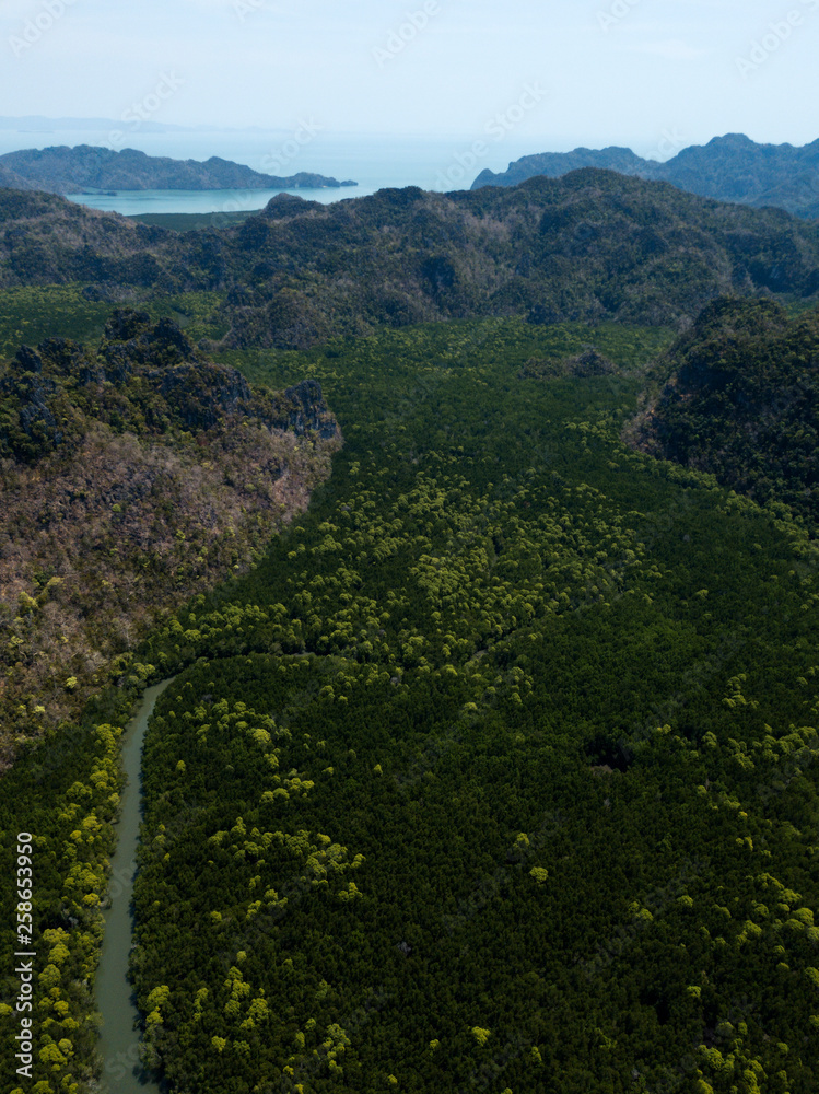 Aerial view of bay and river in Park Kilim Geoforest, Langkawi, Malaysia. Beautiful mountains, sea and trees around the river. Boat sailing on the river