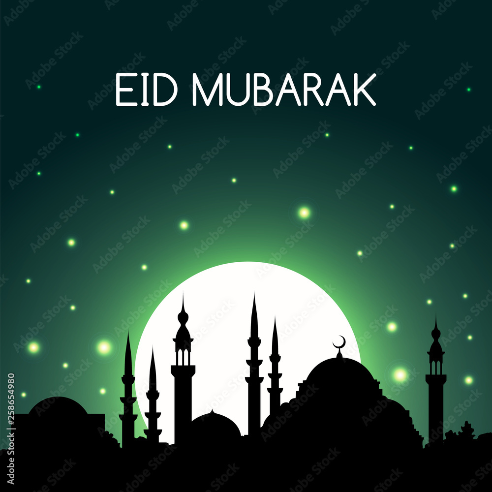 Eid Mubarak Greetig Card with Beautiful Middle Eastern Landscape Vector Illustration