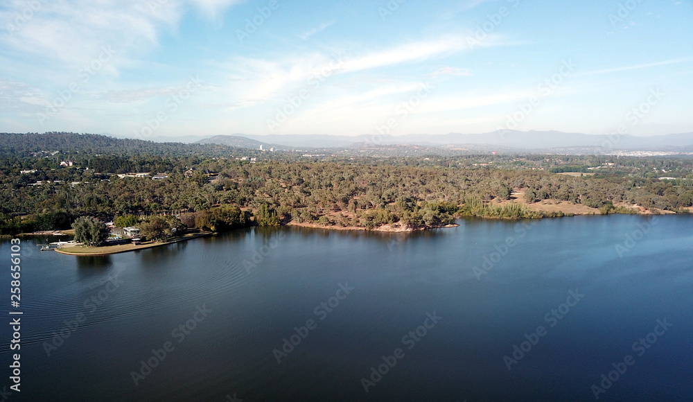 Panoramic view of Canberra (Australia) in daytime, featuring Lake Burley Griffin.