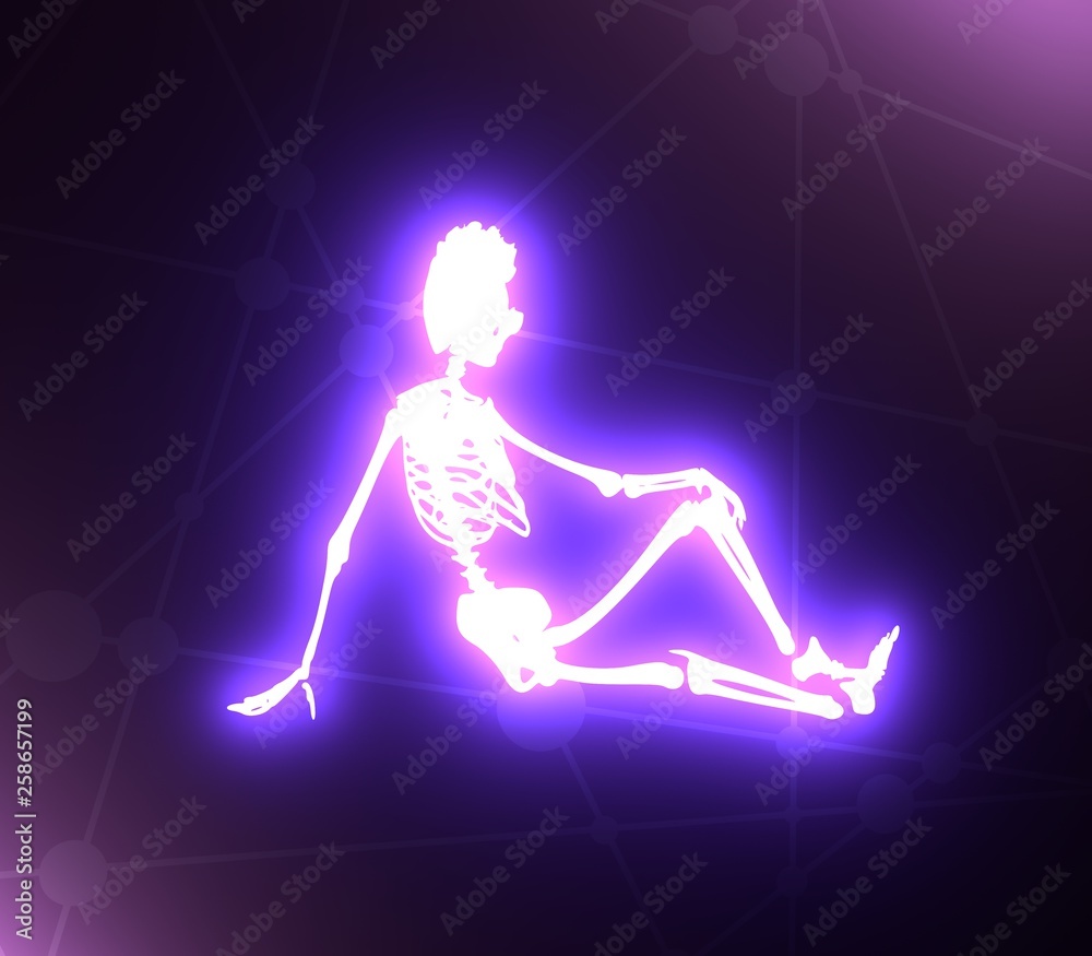 Human skeleton posing. Halloween party design template. 3D rendering