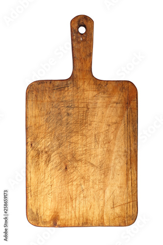 Old rustic wooden kitchen board. isolated object