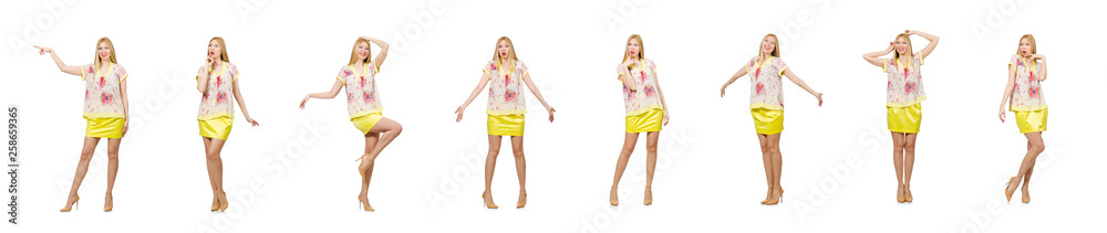 Woman pressing virtual button isolated on white Woman pressing virtual button isolated on white