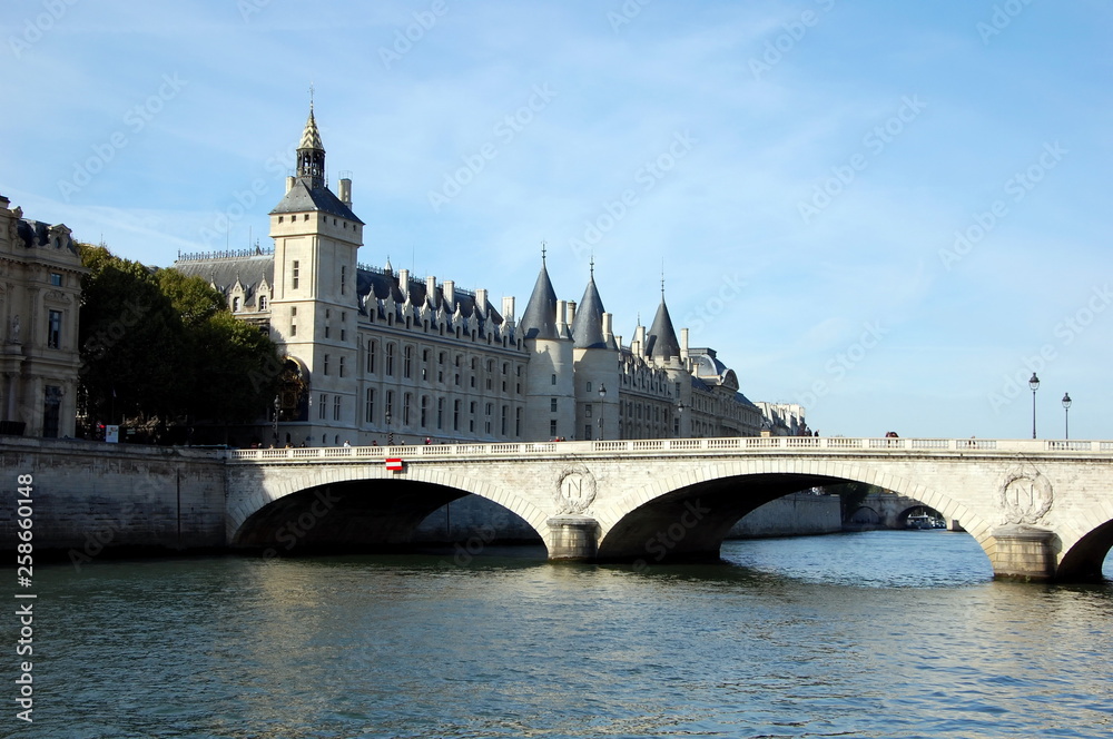 Panorama of Conciergerie and  bridge Pont au Change in Paris, France