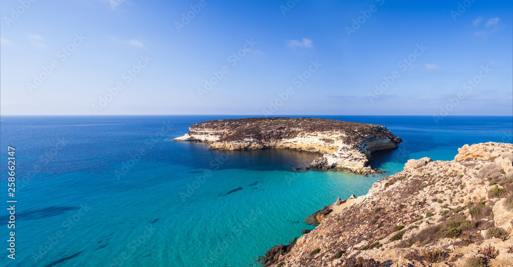 View of the most famous sea place of Lampedusa called Spiaggia dei conigli,