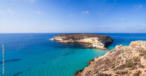 View of the most famous sea place of Lampedusa called Spiaggia dei conigli 