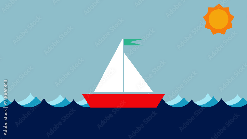 Flat design vector illustration of boat sailing in the waves. Flat design vector illustration of boat sailing in the waves.