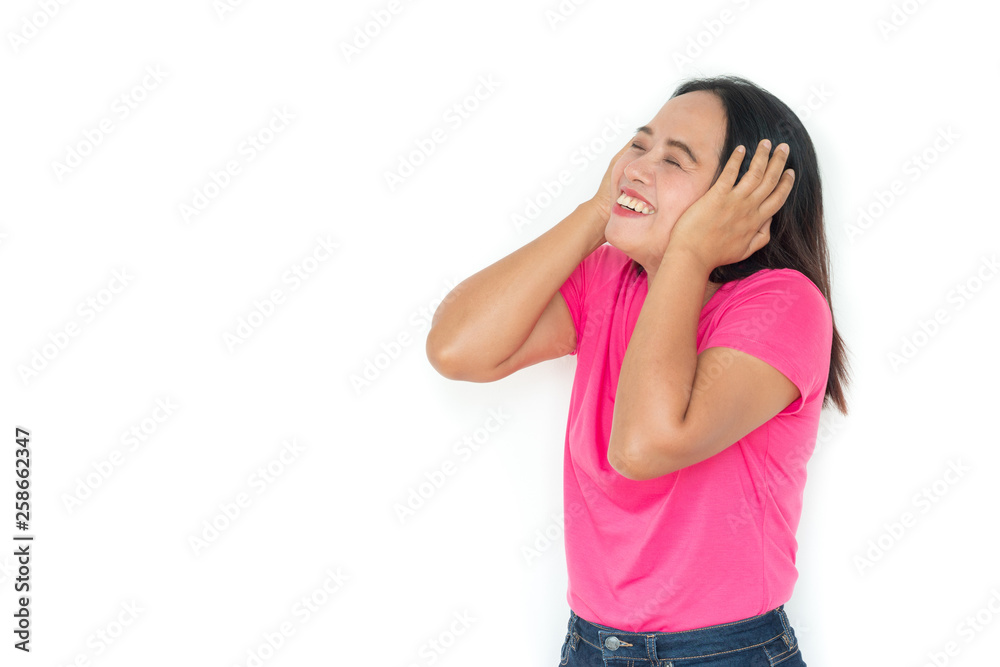 Photo of happy young woman standing isolated over white wall background Photo of happy young woman standing isolated over white wall background