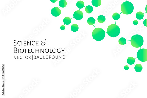 Modern background with green chemical bonds, molecules pattern. Medicine, science, biotechnology, pharmacology innovation concept. Place for text. White backdrop. Vector EPS 10 illustration.