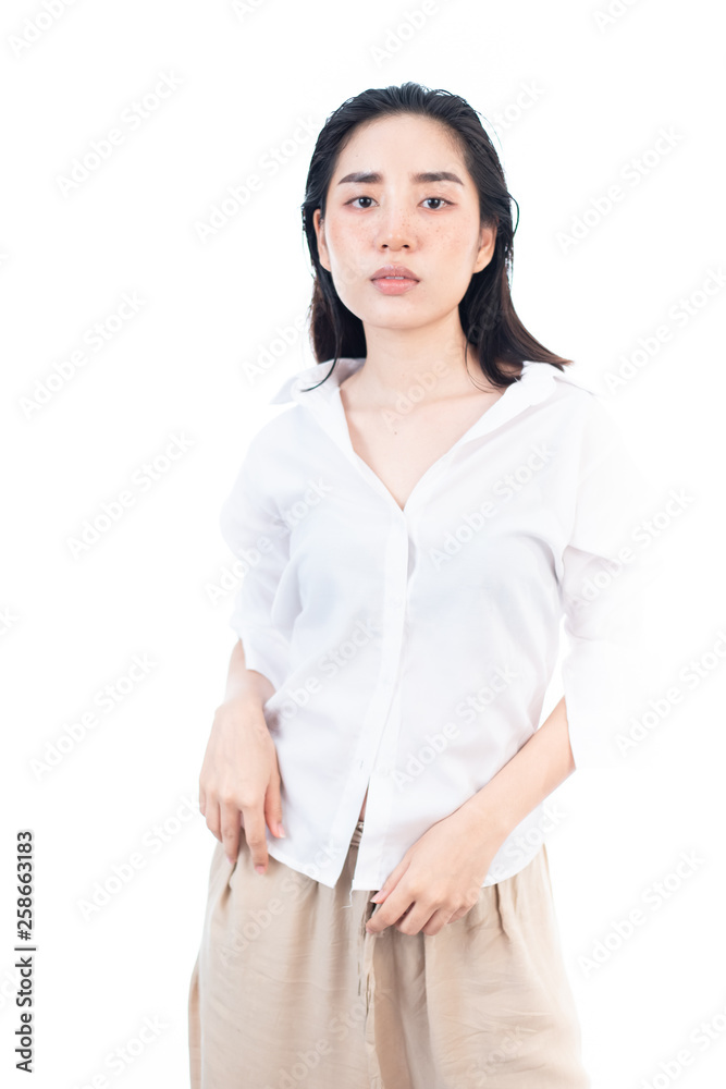 Portrait young Asian girl on white background. Portrait young Asian girl on white background.