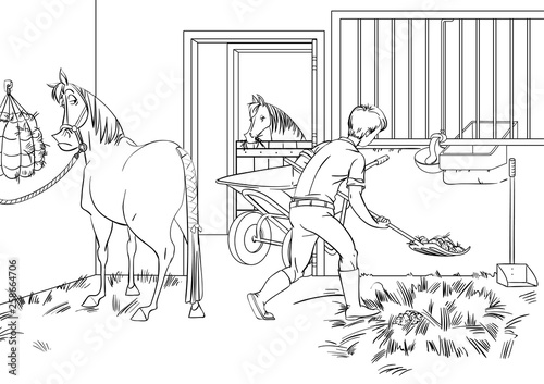 Cartoon style scene with horses for a stabling management book. Children coloring book design.