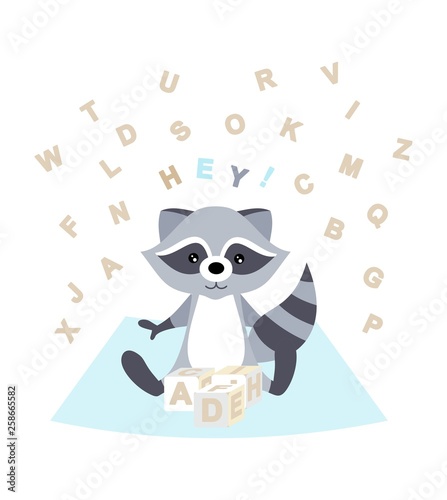 Vector illustration with cute raccoon and cubes. The letters of the alphabet. Poster in the nursery. Template for cards  posters  notebooks  packaging and other uses.