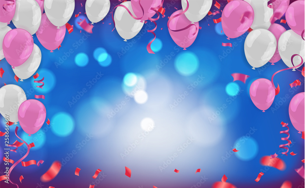 Template for Happy birthday card luxury party balloons and confetti on  background. Party