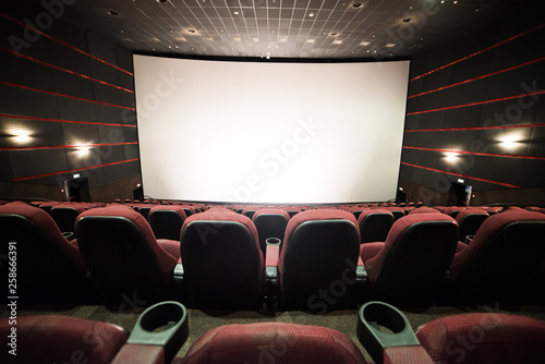Empty cinema auditorium with screen and seats. Mock Up.