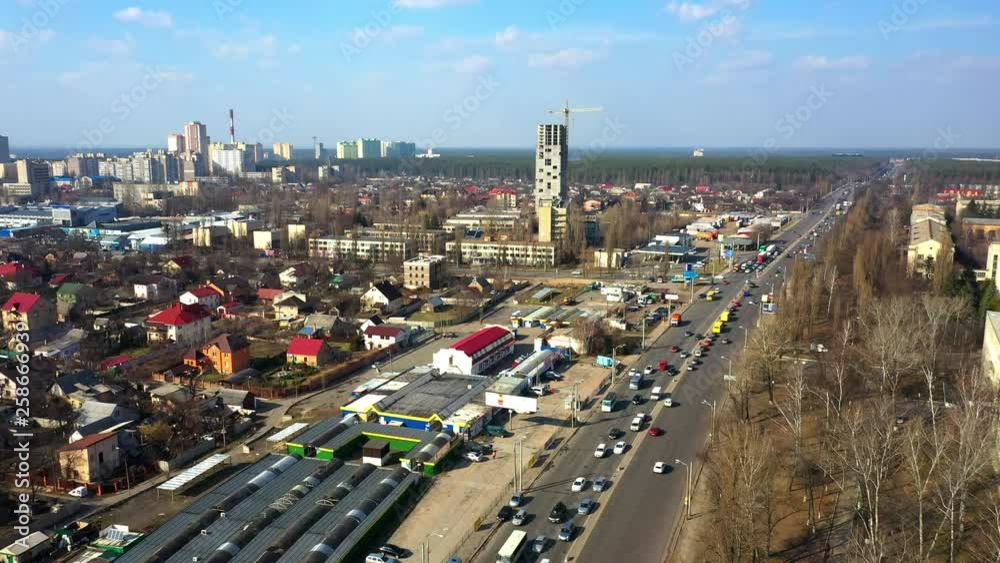 Drone aerial of highway going through Kiev, Ukraine