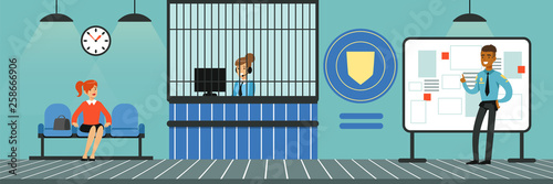 Police department interior with receptionist, policeman and visitor vector Illustration in flat style