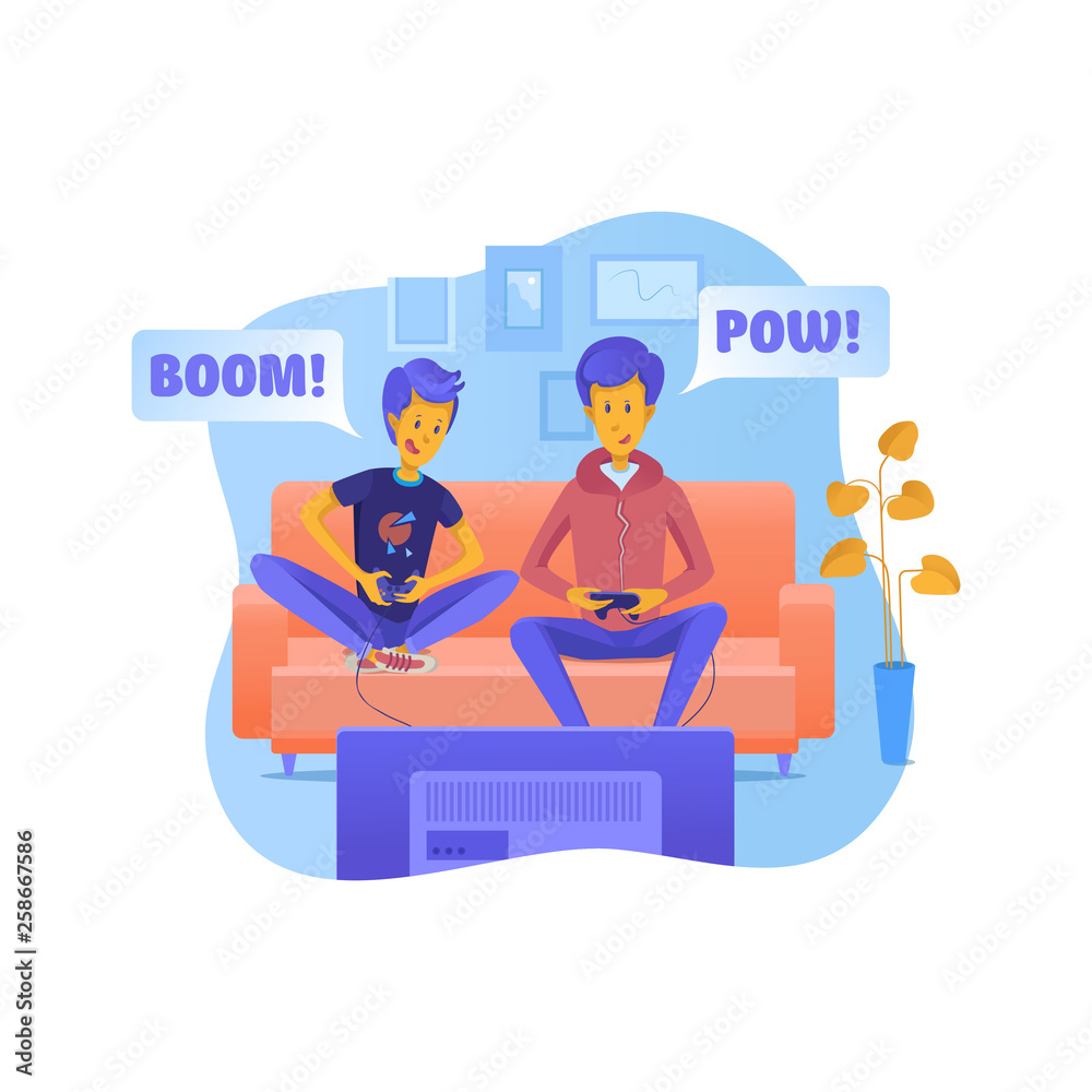 Father with son playing video games illustration