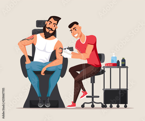 Man in tattoo studio flat vector illustration