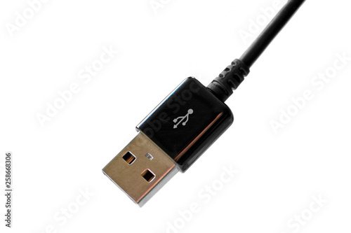 Black Universal Serial Bus USB cable isolated on white background